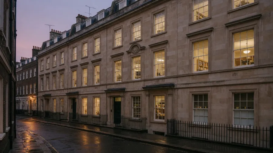 Stone office facade on a City of London street at dusk